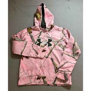 Under Armour Sweatshirt Womens Large Pink Logo Pullover Long Sleeves Hoodie.
